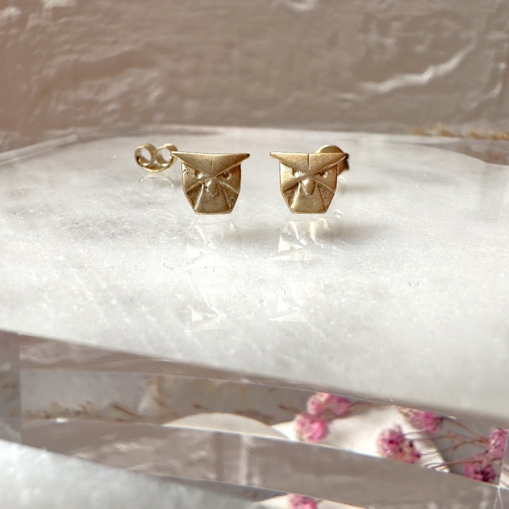 Cute Small Satin Gold Owl Stud Earrings | 14k Gold Plated Sterling Silver